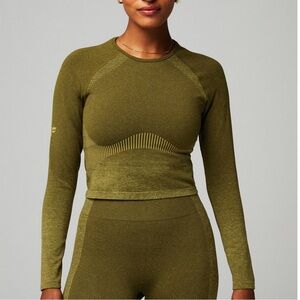 Fabletics Seamless Sport Stripe Long-Sleeve Crop Top Dark Moss Heather Green S